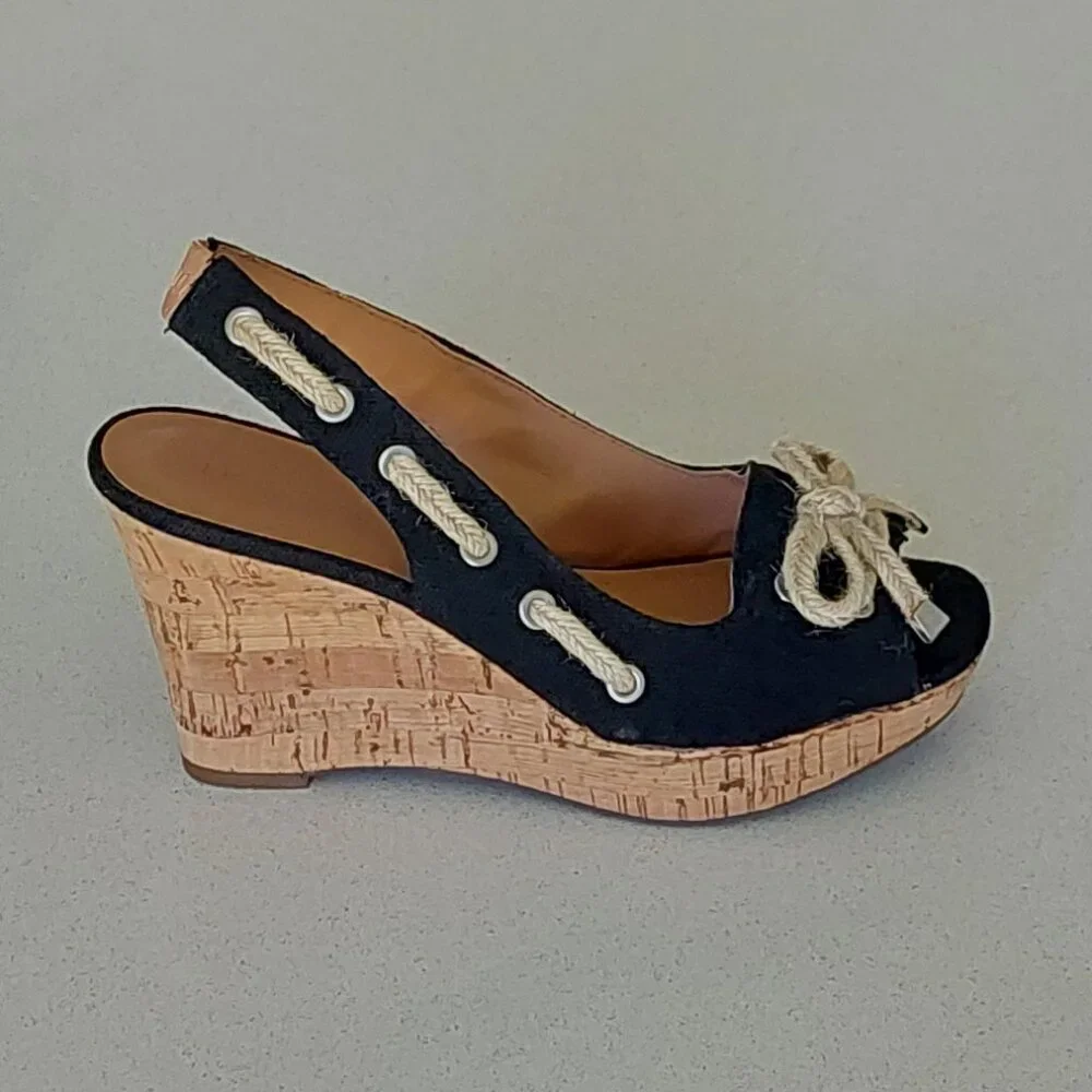 Franco Sarto Black and Cork Rope-Accent Wedge Sandals